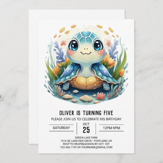 Whimsy Printable Waterverf Turtle Boy Verjaardag Kaart (Voorkant / Achterkant)