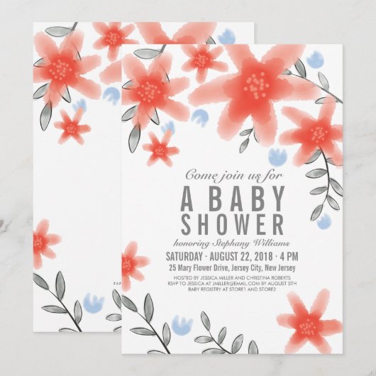 Whimsy Red Floral Baby shower Kaart (Voorkant / Achterkant)