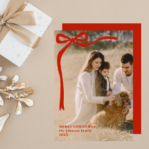 Whimsy Red Ribbon Eenvoudige Elegante Foto Kerstmi Feestdagenkaart