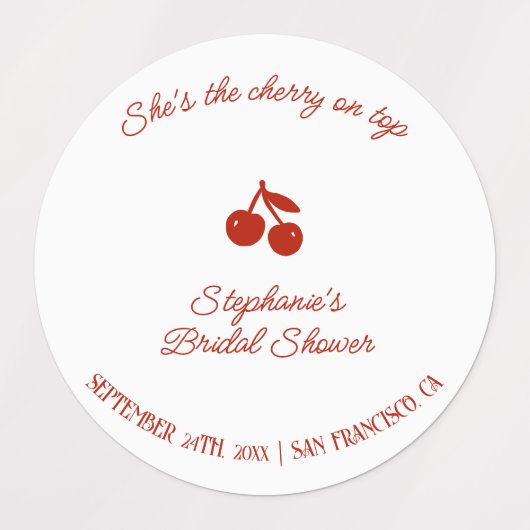 Whimsy Red She's the Cherry on Top Bridal Shower Labels (Design 1)