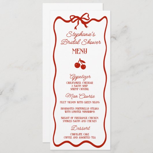 Whimsy Red Ze is de kers op het Vrijgezellenfeest Menu (Voorkant / Achterkant)