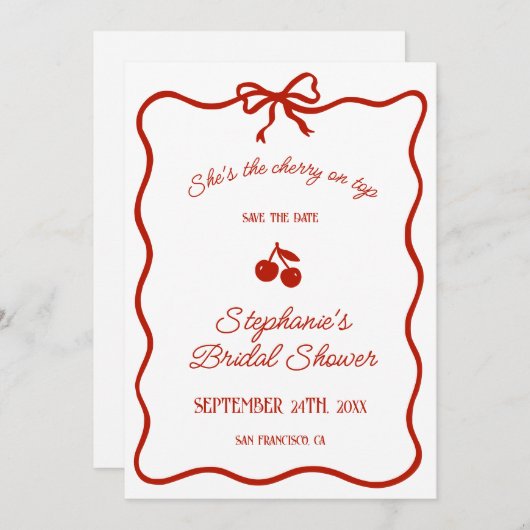 Whimsy Red Ze is de kers op het Vrijgezellenfeest Save The Date (Voorkant / Achterkant)