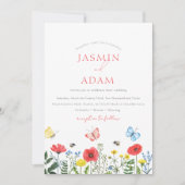 Whimsy Rode Wilde Bloem Vlinder Monogram Huwelijk Kaart (Voorkant)