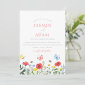 Whimsy Rode Wilde Bloem Vlinder Monogram Huwelijk Kaart (Staand voorkant)
