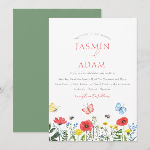 Whimsy Rode Wilde Bloem Vlinder Monogram Huwelijk Kaart