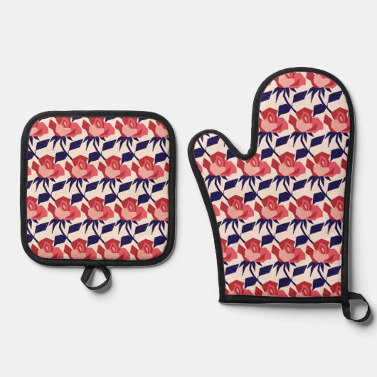 Whimsy Roos Navy Red Silver Quilted Ovenwant & Pannenlap Set (Voorkant)