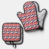 Whimsy Roos Navy Red Silver Quilted Ovenwant & Pannenlap Set (Voorkant / Achterkant)