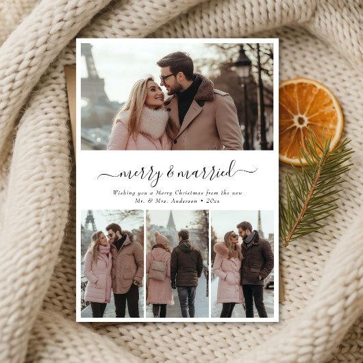 Whimsy Script 4 Foto Vrolijk & Getrouwd Kerstmis Feestdagenkaart