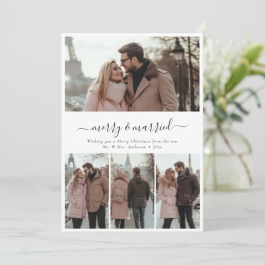 Whimsy Script 4 Foto Vrolijk & Getrouwd Kerstmis Feestdagenkaart (Staand voorkant)