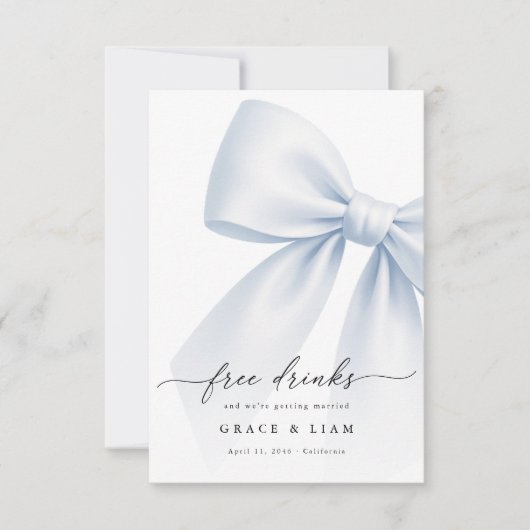 Whimsy Script Bow Free Drinks Wedding Photo Save The Date (Voorkant)