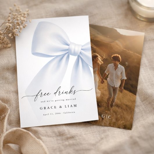 Whimsy Script Bow Free Drinks Wedding Photo Save The Date