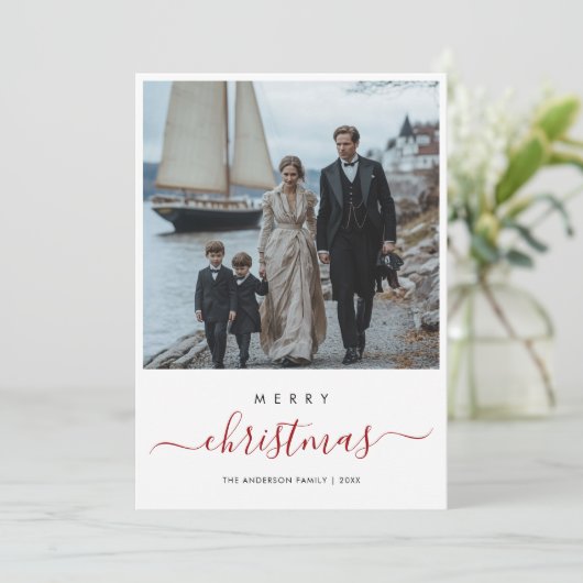 Whimsy Script Kerst Nautisch Strand Foto Feestdagenkaart (Staand voorkant)