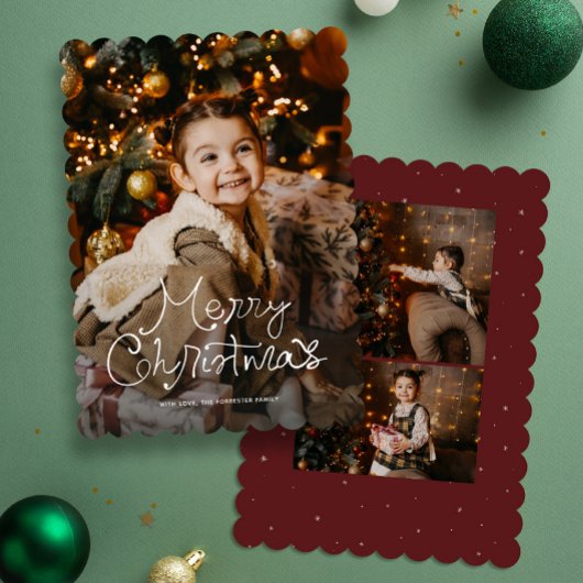 Whimsy script Merry Christmas three photo red Feestdagenkaart