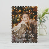 Whimsy script Merry Christmas three photo red Feestdagenkaart (Staand voorkant)