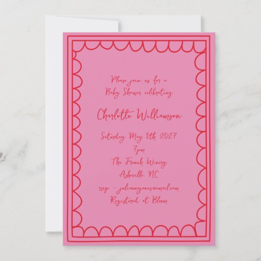 Whimsy Script Roze Rood Doodle Border Baby shower Kaart (Voorkant)
