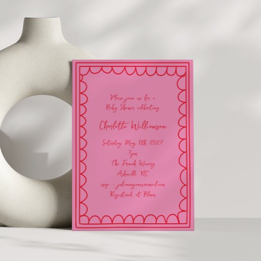 Whimsy Script Roze Rood Doodle Border Baby shower Kaart