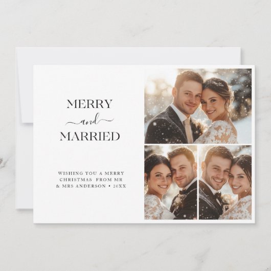 Whimsy Script Vrolijk en getrouwd Kerstmis 3 foto Feestdagenkaart (Voorkant)