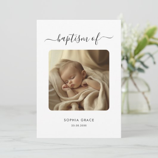 Whimsy Script Zwart & Wit Genderneutrale Doop Kaart (Staand voorkant)