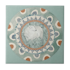 Whimsy Sheep & Bird Mint Blauwe Terracotta Aqua Tegeltje