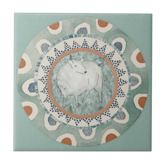 Whimsy Sheep & Bird Mint Blauwe Terracotta Aqua Tegeltje (Voorkant)