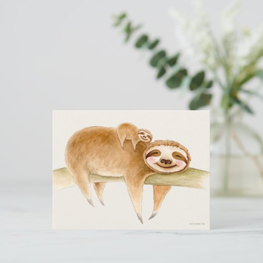 Whimsy sloth en schattige baby waterverf schilderi briefkaart (Staand voorkant)
