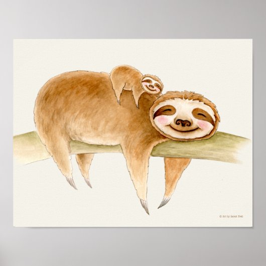 Whimsy sloth en schattige baby waterverf schilderi poster (Voorkant)