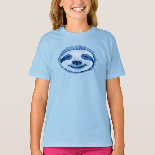 Whimsy sloth gezicht blauw waterverf kunst t-shirt (Voorkant)