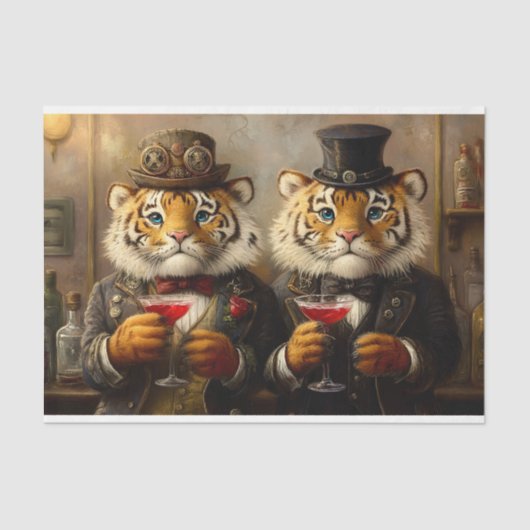 Whimsy Steampunk Tigers & Cocktails AX3 Decoupage Tissuepapier (Voorkant)