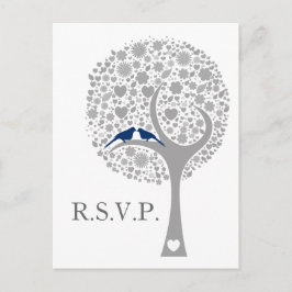 Whimsy Tree Navy Blue Lovebirds Mod Bruiloft RSVP Uitnodiging Briefkaart
