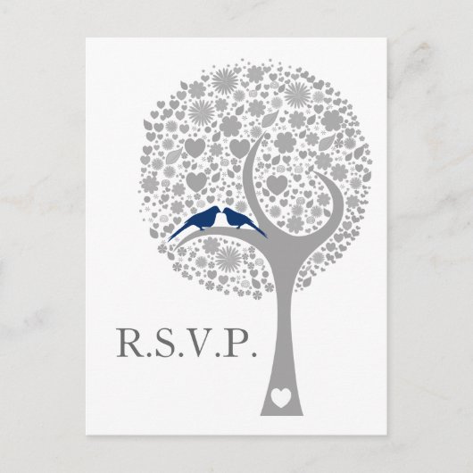 Whimsy Tree Navy Blue Lovebirds Mod Bruiloft RSVP Uitnodiging Briefkaart (Voorkant)
