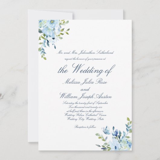Whimsy Waterverf Blue Botanical Script Wedding Kaart (Voorkant)