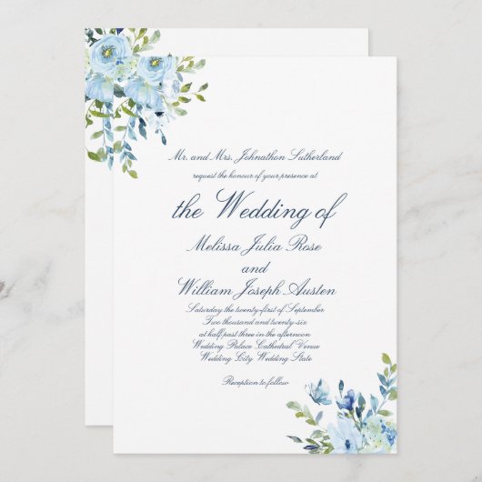 Whimsy Waterverf Blue Botanical Script Wedding Kaart (Voorkant / Achterkant)