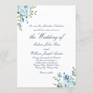 Whimsy Waterverf Blue Botanical Script Wedding Kaart