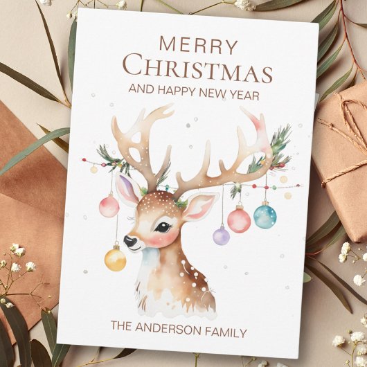 Whimsy Waterverf Kerstmis Ornament Rendier Flat Feestdagenkaart