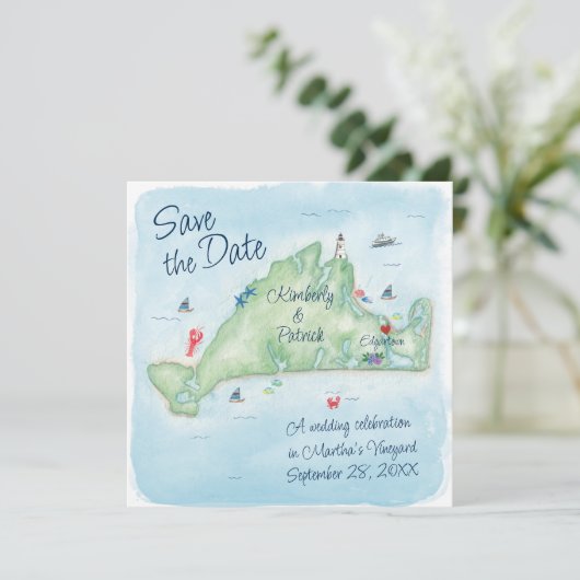 Whimsy Waterverf Wedding Map of Marthas Vineyard Save The Date (Staand voorkant)