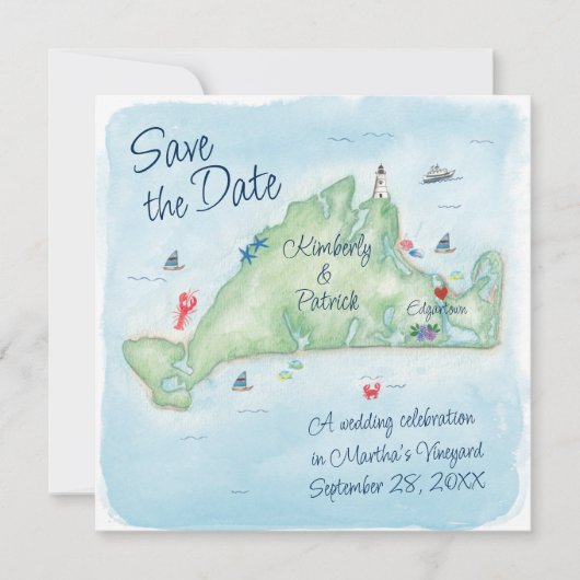 Whimsy Waterverf Wedding Map of Marthas Vineyard Save The Date (Voorkant)