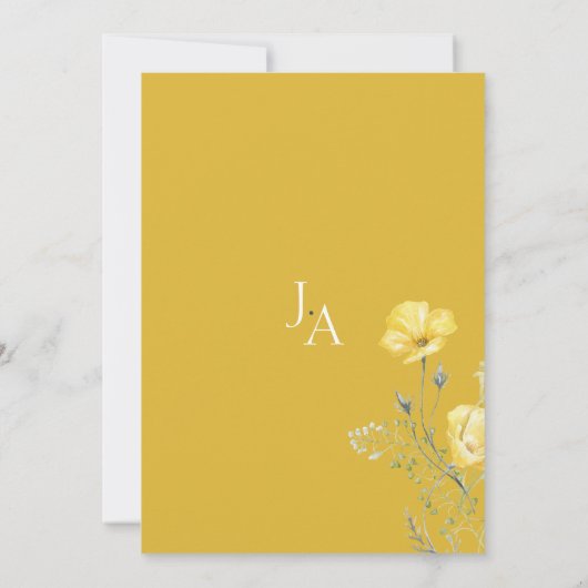 Whimsy Wildflower Mosterd Geel Monogram Bruiloft Kaart (Achterkant)