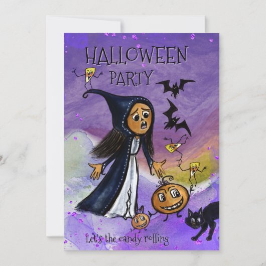 Whimsy Witch, Pumpkin & Candy Corn Halloween Party Kaart (Voorkant)
