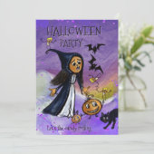 Whimsy Witch, Pumpkin & Candy Corn Halloween Party Kaart (Staand voorkant)