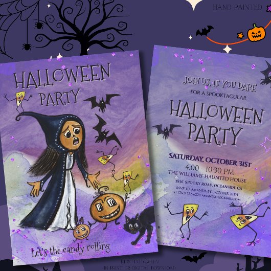 Whimsy Witch, Pumpkin & Candy Corn Halloween Party Kaart