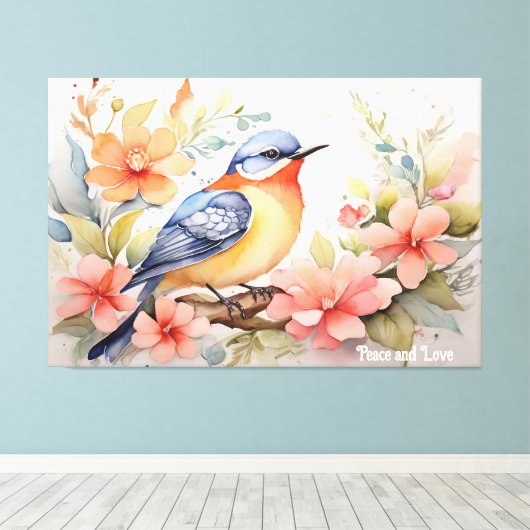 Whimwaterverf Vogel Bloemenkunst Canvas Afdruk (Insitu (Houten vloer))