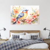 Whimwaterverf Vogel Bloemenkunst  Canvas Afdruk (Insitu (Slaapkamer))