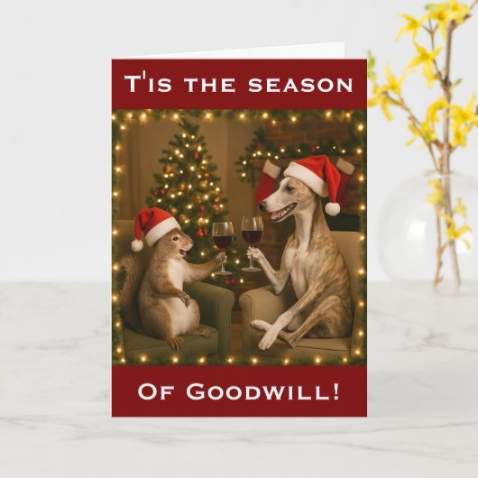 Whippet and Squirrel Christmas greetings card Kaart (Gele Bloem)