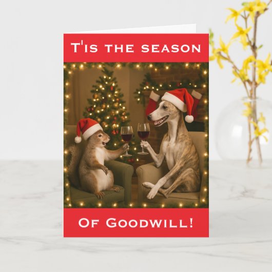 Whippet and Squirrel Christmas greetings card Kaart (Gele Bloem)