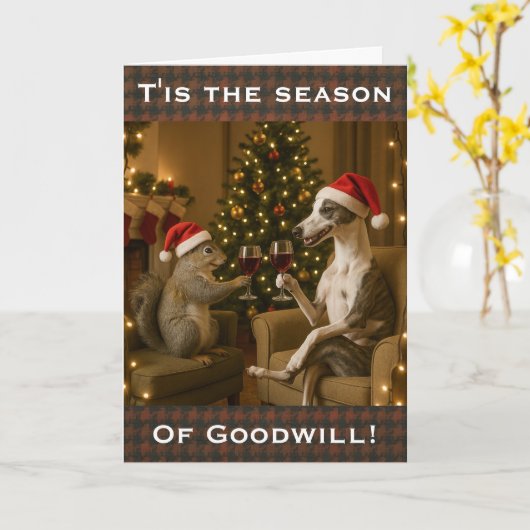 Whippet and Squirrel Christmas greetings card Kaart (Gele Bloem)