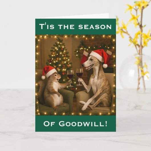 Whippet and Squirrel Christmas greetings card Kaart (Gele Bloem)