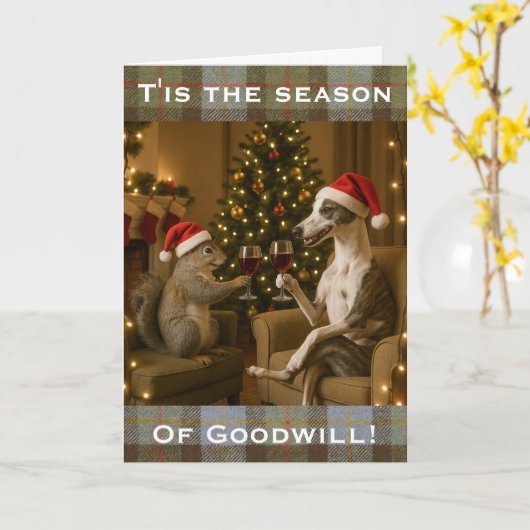 Whippet and Squirrel Christmas greetings card Kaart (Gele Bloem)