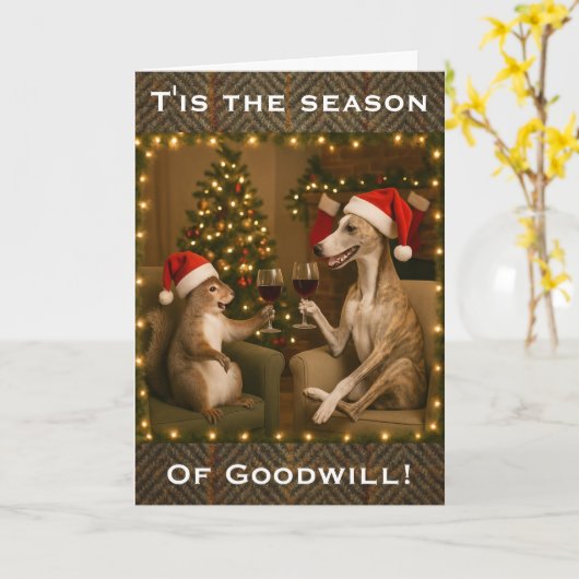 Whippet and Squirrel Christmas greetings card Kaart (Gele Bloem)