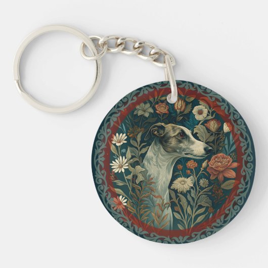Whippet Brindle and White William Morris Floral Sleutelhanger (Voorkant)