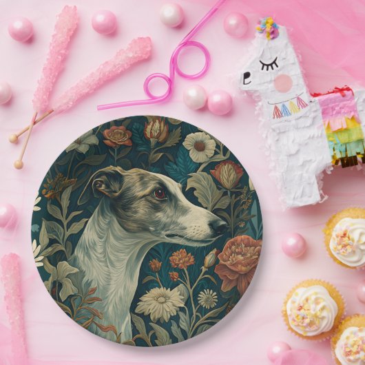 Whippet Brindle and White William Morris Style Papieren Bordje (Feest)